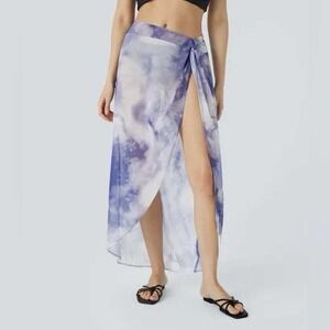 Halara Sheer Tie Dye Wrap Maxi Skirt Sarong Cover Up Blue Purple White Medium